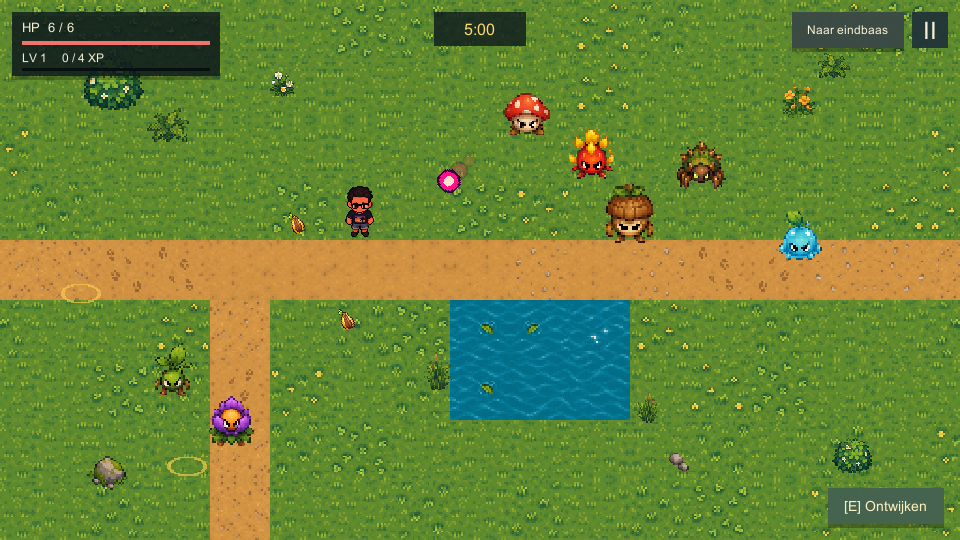 Jaycee surrounded by animated plant monsters beside a bright blue lake