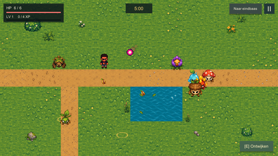 Jaycee fighting colourful plant monsters beside the Kwakmeer
